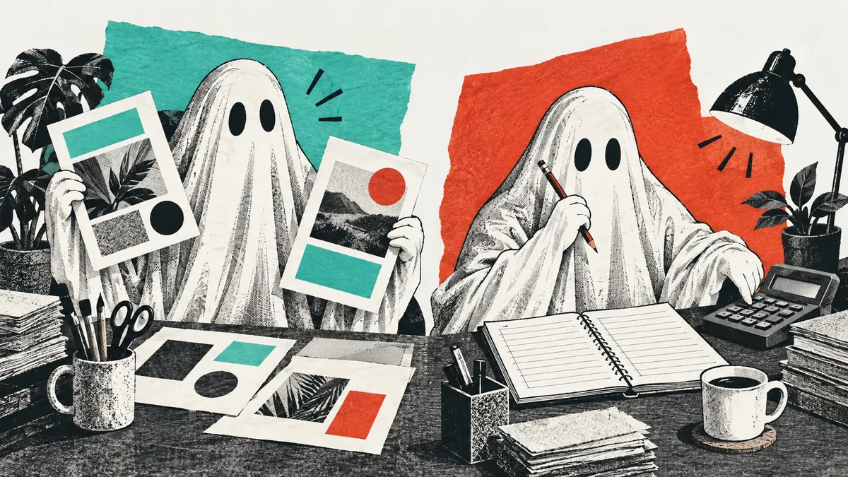 Dua hantu rekan kerja: satu membawa lembar visual konten, satu menulis buku rekap