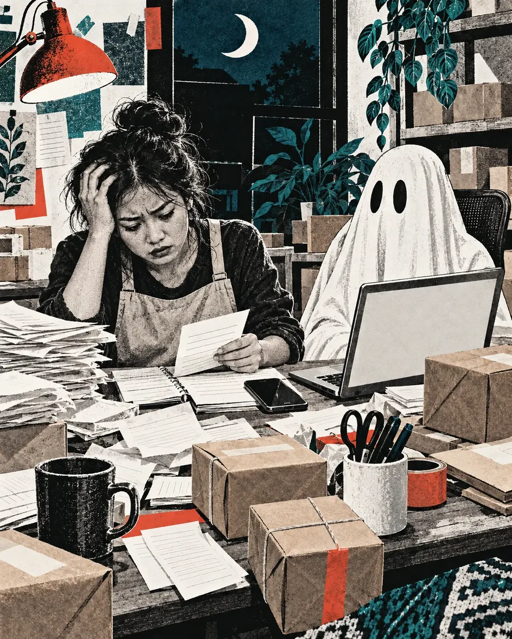 Pemilik usaha kewalahan di antara tumpukan pekerjaan, sementara hantu di depan laptop menunggu instruksi