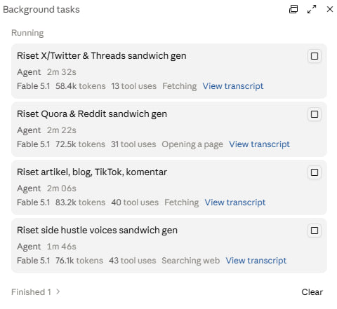 Dashboard background tasks: empat agent riset berjalan bersamaan