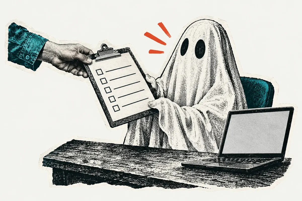 Pemilik usaha menyerahkan lembar jobdesc kepada hantu asisten di depan laptop